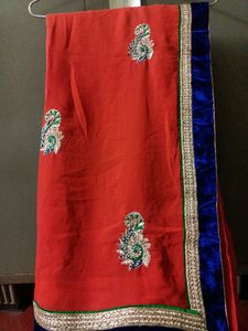 Embroidered Orange &amp; Blue Saree