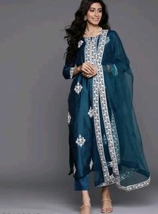 Teal Blue Embroidered Sequinned Kurta set.