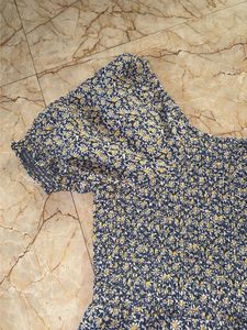 Blue Floral Smocked Puff Sleeve Dress