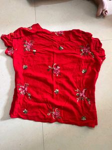 Red Embroidered Short Sleeve Top