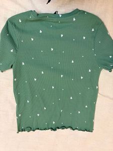 Green Ribbed Heart Print Crop Top