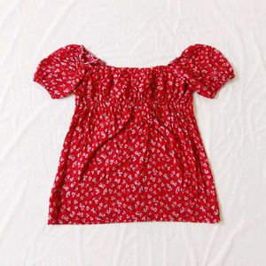 Red Floral Puff Sleeve