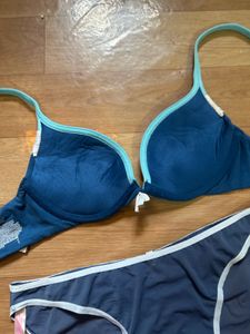 Blue Lace Trim Bra &amp; Panty Set