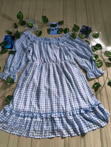 Blue Gingham Off-Shoulder Dress