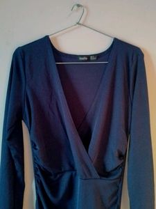 Chic Ruched Navy Blue Wrap Dress