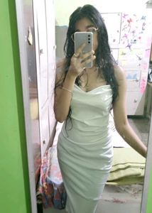 URBANIC Elegant White Cowl Neck Midi Dress
