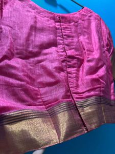 Khadi Silk Pink Blouse with Golden Border Sleeves