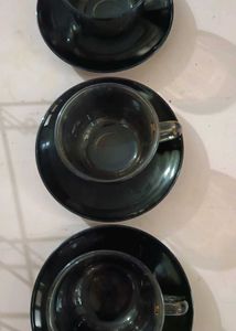 Set of 3 Smoked Glass Cups &amp; Saucers with stand