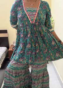 Green Block Print Kurta with Sharara Pants