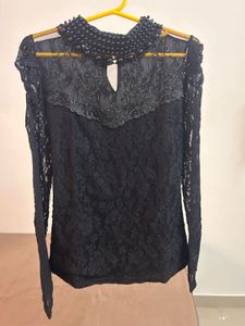 Elegant Black Lace Top with Pearl Collar