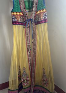 Embroidered Yellow Net Jacket Style Kurta