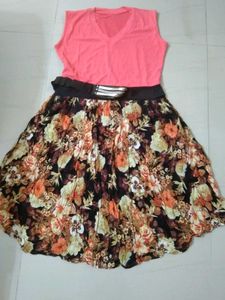 Coral V-Neck Floral Print Dress with Belt