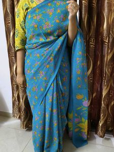 Beautiful Blue Floral Chiffon Saree