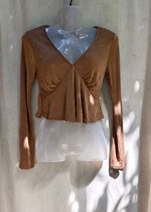 32279. Chic Brown Long Sleeve Plunge Neck Top