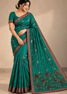 Chatpata 90's Teal Embroidered Silk Saree