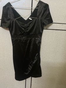 Elegant Black Satin Pearl Dress