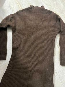 Brown Ribbed Knit Midi Dress