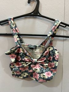 Floral Print Crop Top with Bow Detail