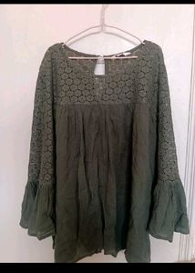 Olive Green Crochet Top with Bell Sleeves