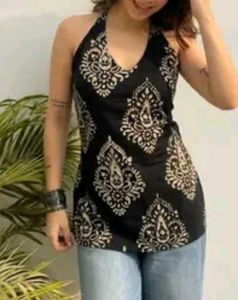 Boho Halter Neck Black & White Print Top