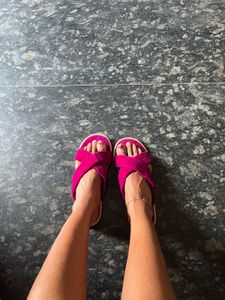 Fuchsia Velvet Cross Strap Slides
