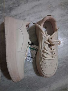 Cream Lace-Up Platform Sneakers