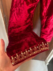 Elegant Red Velvet Kurta with Intricate Embroidery