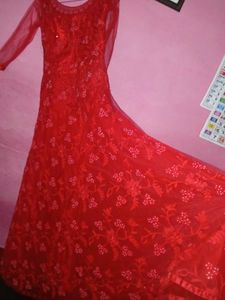 Red Embroidered Party Wear Kurta