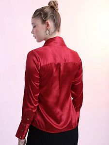 Elegant Red Satin Bow Blouse
