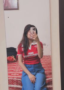 Red Graphic Print Collared T-Shirt