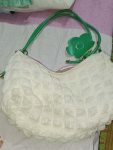 Cute Textured Hobo Bag with Flower Charm