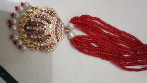 Exquisite Red Beaded Necklace with Embellished Pen