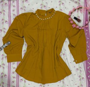 Stylish Mustard Pearl Neck top🦋
