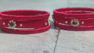 Elegant Red Silk Bangles with Stone Embellishments