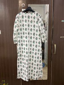 White Kurta with Green Floral Print