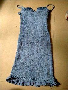 Smocked bodycon Light Blue Ruffle Trim Dress