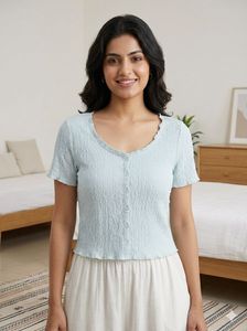 Light Blue Textured Button-Up Top