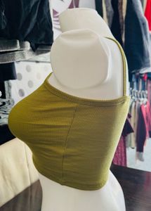 Olive Ribbed Crisscross Halter Top