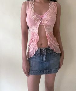 Sheer Lace Trim Pink Top