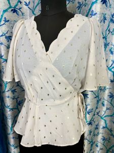 Chic Cream Polka Dot Wrap Top Scallop hem