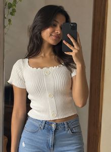 White Ribbed Button-Up Top