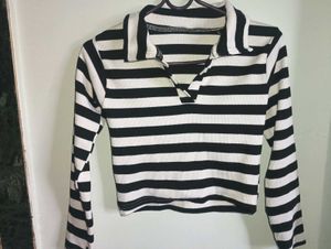Striped Collared Long Sleeve Top