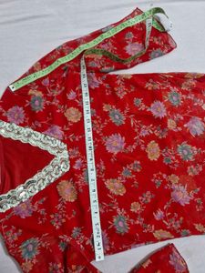 Red Chiffon Floral Asymmetric Top with Lycra Linin