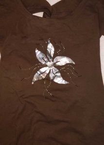 Brown T-Shirt with Flower Embellishment