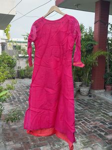 Vibrant Pink Kurta with Blue Floral Print
