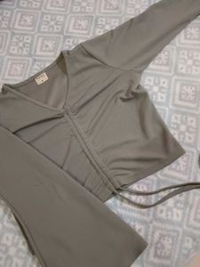 Grey Ruched Bell Sleeve Tie-Up Y2k Crop Top