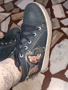 Denim Sneakers with Floral Patchwork