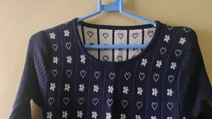 Navy Blue Floral Print Knit Dress