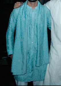 Men's Blue Embroidered Kurta with Stole