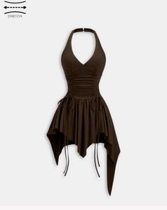 Brown Halter Neck Ruched Dress